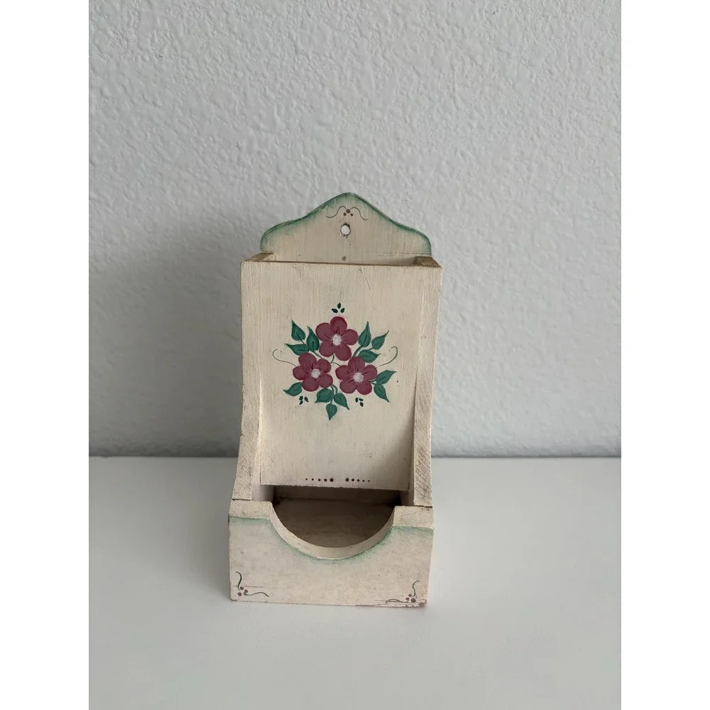 Vintage Wooden Matchbox Holder Hand Painted Floral